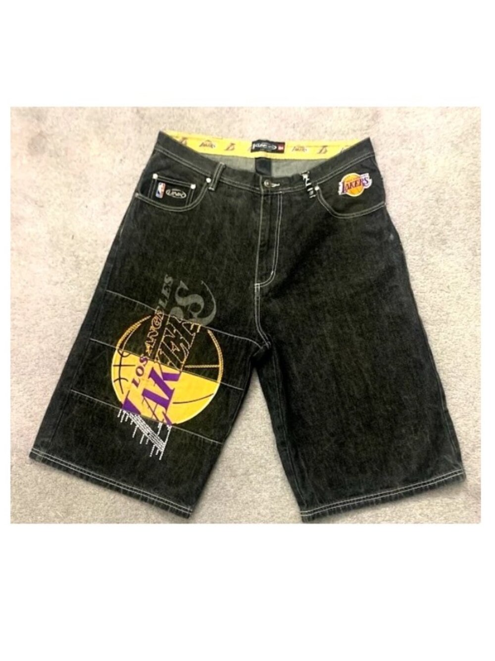 UNK Denim Los Angeles Lakers Jorts Jean Shorts Mens 34 Black Baggy Y2K  VNTG